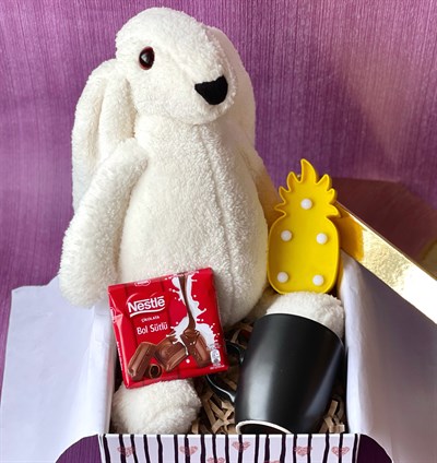 Siyah Bulut Kupa Sevimli Beyaz Peluş Tavşan Mini Ananas Lamba Ve Çikolata Set giftmodaGmhs100785