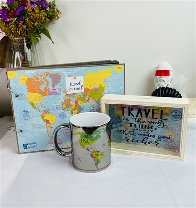 Travel Journal Tasarımlı Albüm Ahşap Kumbara Ve Dünya Haritası Gümüş Kupa SetgiftmodaGmhs101231